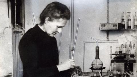 Marie Curie in her lab, no known copyright restrictions (Nobel site)